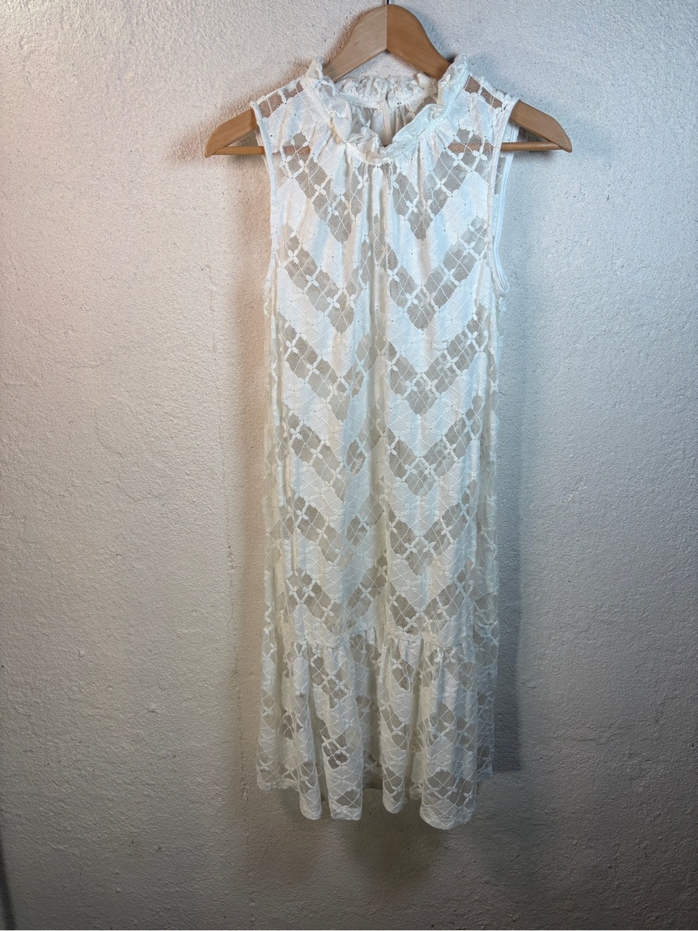 Clover & Sloan White Lace Dress S Sheer Layer Sleeveless Ruffles Coquette Party
